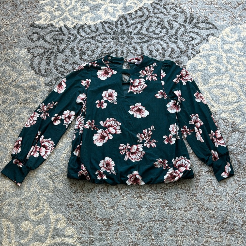 Luna Keyhole Long Sleeve Floral Top Green Large